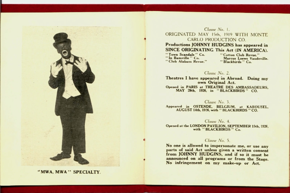 Une page extraite du "Book giving full description of Johnny Hudgins Own Original Dancing and Pantomime Act", "Entitled SILENCE". Une page extraite du "Book giving full description of Johnny Hudgins Own Original Dancing and Pantomime Act", "Entitled SILENCE".