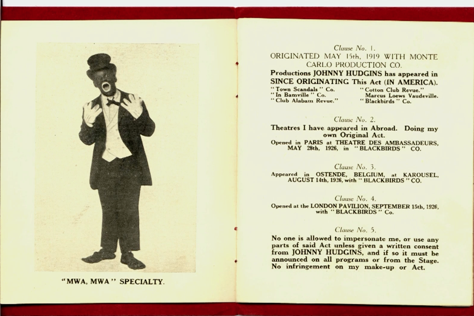 Une page extraite du "Book giving full description of Johnny Hudgins Own Original Dancing and Pantomime Act", "Entitled SILENCE".